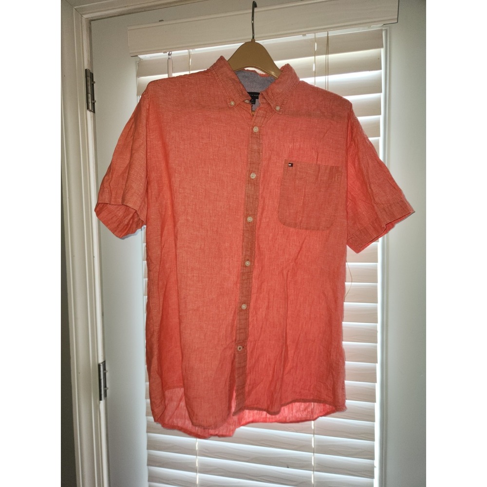 Coral Tommy Hilfiger short-sleeve linen-blend button-down shirt. Mens L